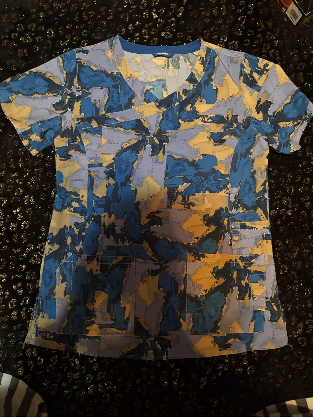 Carhartt Women's Blue & Yellow Abstract V-Neck Scrub Top